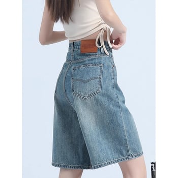 Șorturi denim subțiri pentru femei, talie înaltă, vară retro, croială Slim de lungime medie, croială lejeră, largă, stil american sport.