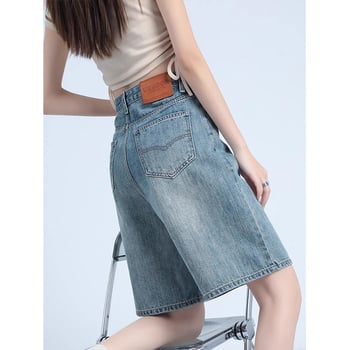 Șorturi denim subțiri pentru femei, talie înaltă, vară retro, croială Slim de lungime medie, croială lejeră, largă, stil american sport.