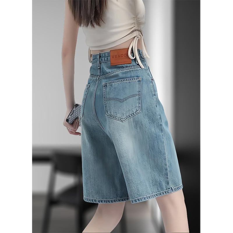 Șorturi denim subțiri pentru femei, talie înaltă, vară retro, croială Slim de lungime medie, croială lejeră, largă, stil american sport.