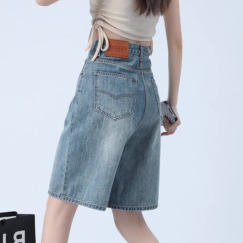 Șorturi denim subțiri pentru femei, talie înaltă, vară retro, croială Slim de lungime medie, croială lejeră, largă, stil american sport.
