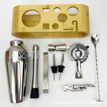 Kevawi set shaker pentru cocktail din oțel inoxidabil 600 ml, 10 piese, cu raft din bambus