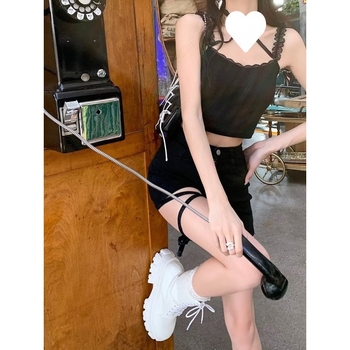 Shorts din denim cu talie înaltă și curea pentru coapsă, pentru femei, vară
