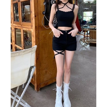 Shorts din denim cu talie înaltă și curea pentru coapsă, pentru femei, vară