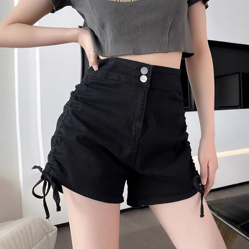 Șorturi denim negre pentru femei, talie înaltă, vară 2025, plus size, elastice, efect de subțiere, croială în A care acoperă șoldurile