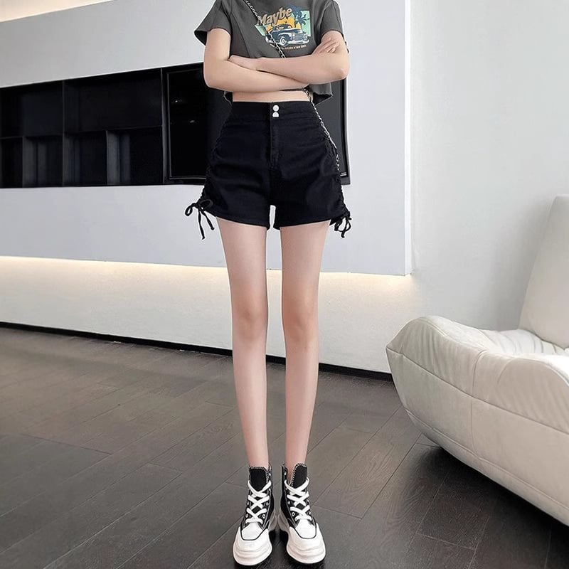 Șorturi denim negre pentru femei, talie înaltă, vară 2025, plus size, elastice, efect de subțiere, croială în A care acoperă șoldurile