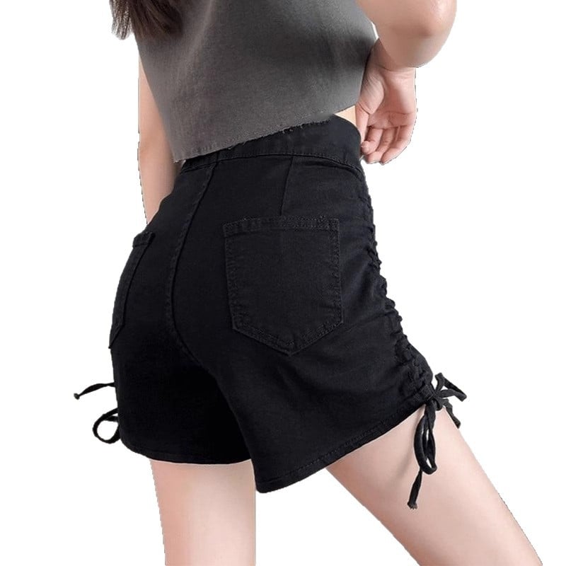 Șorturi denim negre pentru femei, talie înaltă, vară 2025, plus size, elastice, efect de subțiere, croială în A care acoperă șoldurile