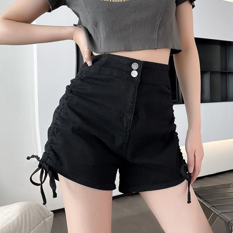 Șorturi denim negre pentru femei, talie înaltă, vară 2025, plus size, elastice, efect de subțiere, croială în A care acoperă șoldurile