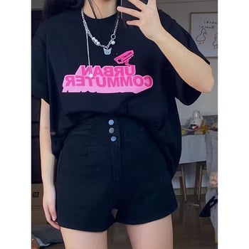 Șorturi negre din denim pentru femei, talie înaltă, plus size, vară 2025, croială slim, elastice, drepti, linie în A