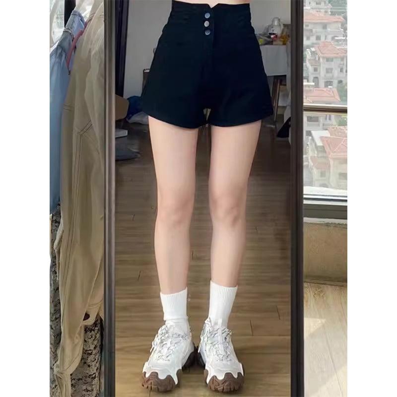 Șorturi negre din denim pentru femei, talie înaltă, plus size, vară 2025, croială slim, elastice, drepti, linie în A