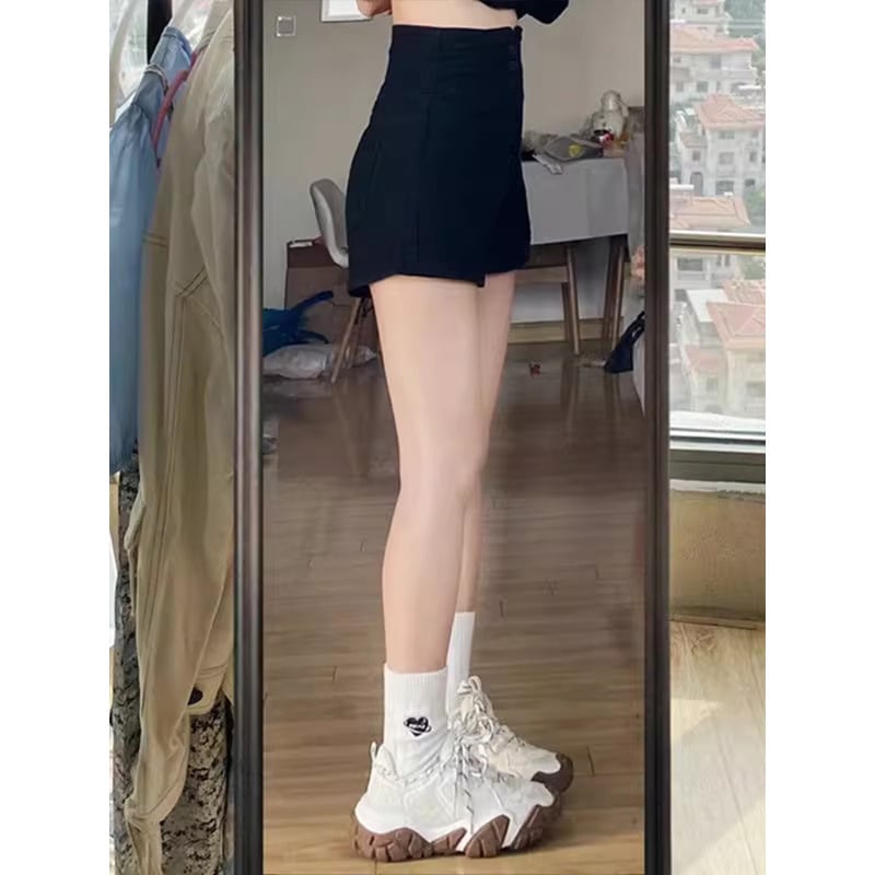 Șorturi negre din denim pentru femei, talie înaltă, plus size, vară 2025, croială slim, elastice, drepti, linie în A