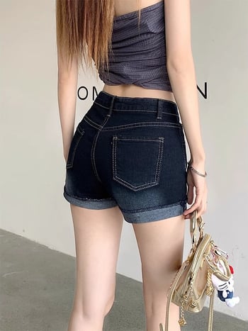 Șort de denim albastru închis, talie înaltă, elastici, margine rulată, pentru femei, stil american, croială A-line, șorturi de vară
