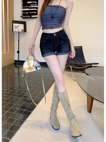 Șort de denim albastru închis, talie înaltă, elastici, margine rulată, pentru femei, stil american, croială A-line, șorturi de vară