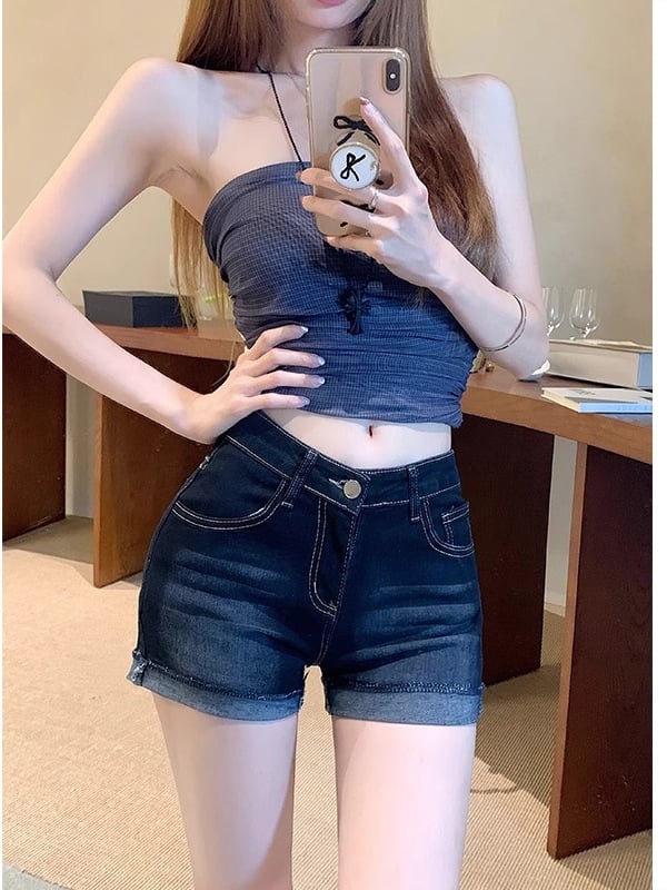 Șort de denim albastru închis, talie înaltă, elastici, margine rulată, pentru femei, stil american, croială A-line, șorturi de vară