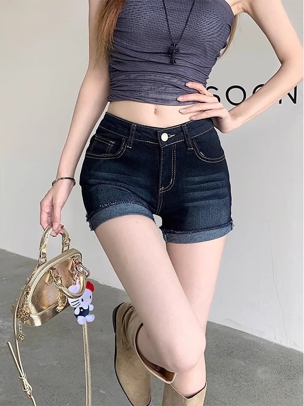 Șort de denim albastru închis, talie înaltă, elastici, margine rulată, pentru femei, stil american, croială A-line, șorturi de vară