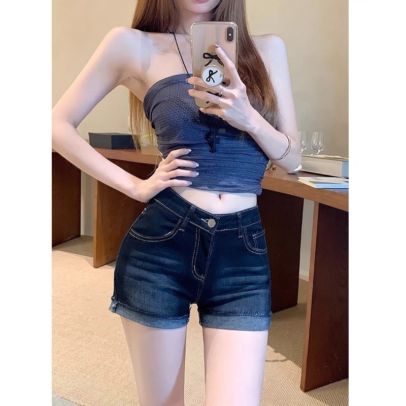 Șort de denim albastru închis, talie înaltă, elastici, margine rulată, pentru femei, stil american, croială A-line, șorturi de vară