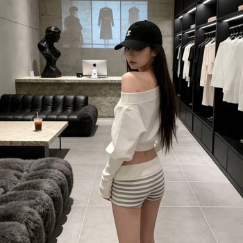 Șorturi scurte casual pentru femei, talie înaltă, cu șnur, dungate