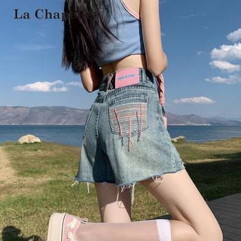 Shorts din denim cu margini raw pentru femei, talie înaltă, stil retro A-line, vară 2025