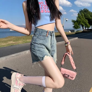 Shorts din denim cu margini raw pentru femei, talie înaltă, stil retro A-line, vară 2025