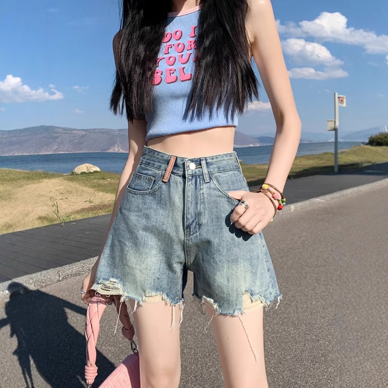 Shorts din denim cu margini raw pentru femei, talie înaltă, stil retro A-line, vară 2025