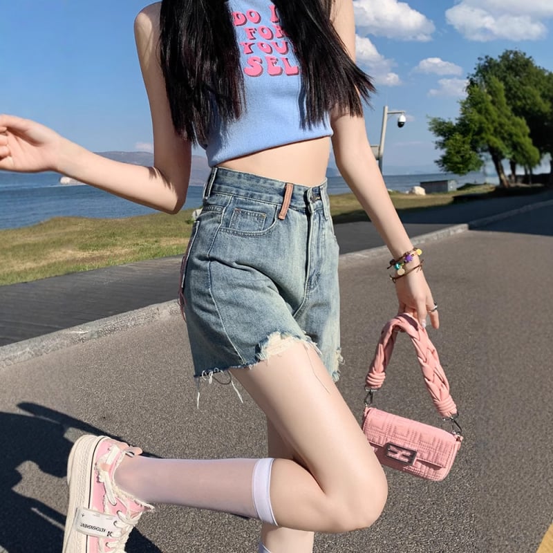 Shorts din denim cu margini raw pentru femei, talie înaltă, stil retro A-line, vară 2025