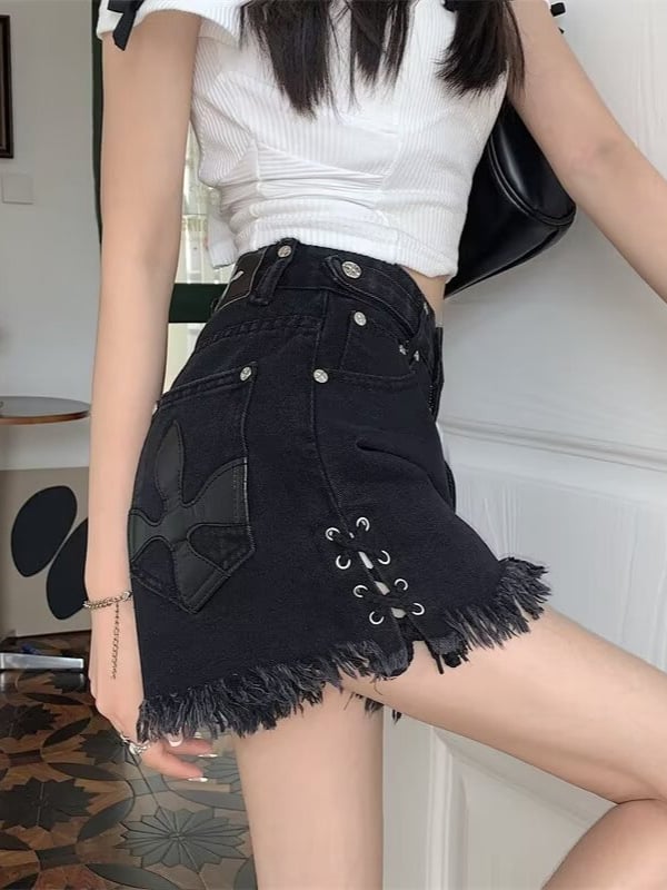 Shorts denim negri pentru femei, mărime plus, talie înaltă, șnur, detaliu încrucișat, margine franjată, vară 2025