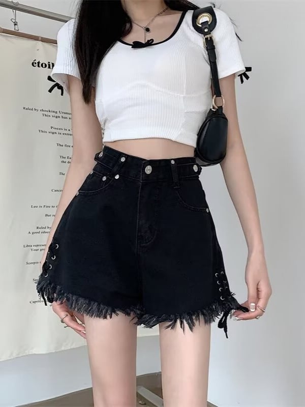 Shorts denim negri pentru femei, mărime plus, talie înaltă, șnur, detaliu încrucișat, margine franjată, vară 2025