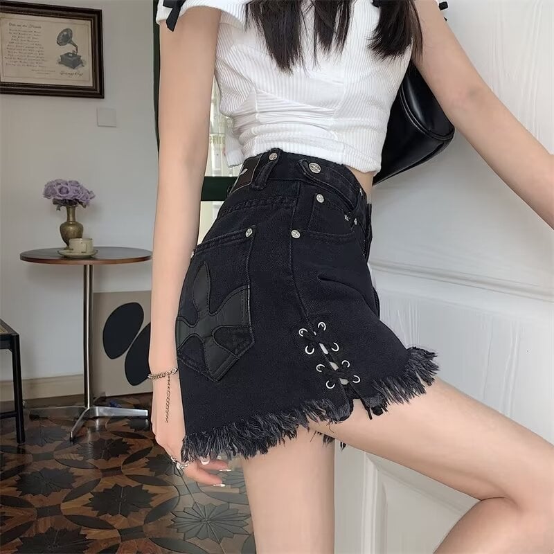 Shorts denim negri pentru femei, mărime plus, talie înaltă, șnur, detaliu încrucișat, margine franjată, vară 2025