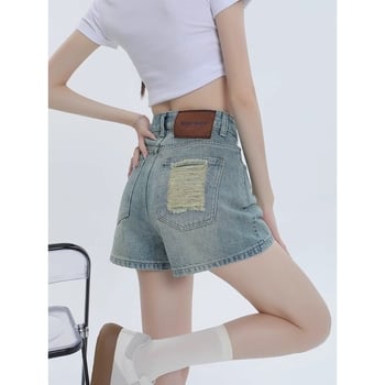 Șorturi din denim rupte în croială A pentru femei, talie înaltă, spălare deschisă, croială lejeră, stil vintage de vară, mărime plus