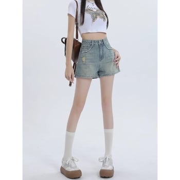 Șorturi din denim rupte în croială A pentru femei, talie înaltă, spălare deschisă, croială lejeră, stil vintage de vară, mărime plus