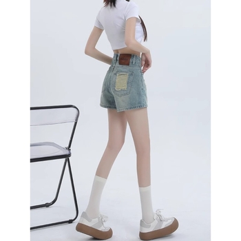 Șorturi din denim rupte în croială A pentru femei, talie înaltă, spălare deschisă, croială lejeră, stil vintage de vară, mărime plus