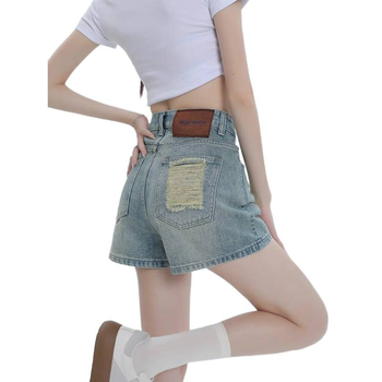 Șorturi din denim rupte în croială A pentru femei, talie înaltă, spălare deschisă, croială lejeră, stil vintage de vară, mărime plus