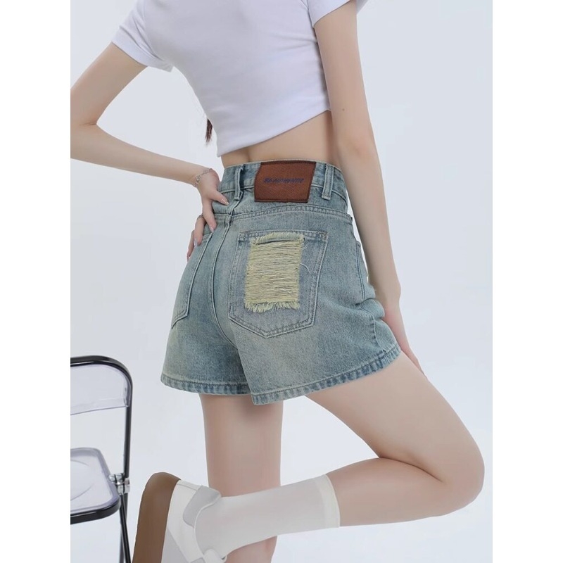 Șorturi din denim rupte în croială A pentru femei, talie înaltă, spălare deschisă, croială lejeră, stil vintage de vară, mărime plus