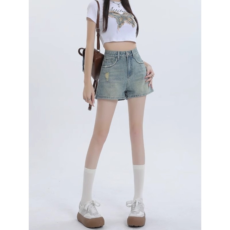 Șorturi din denim rupte în croială A pentru femei, talie înaltă, spălare deschisă, croială lejeră, stil vintage de vară, mărime plus