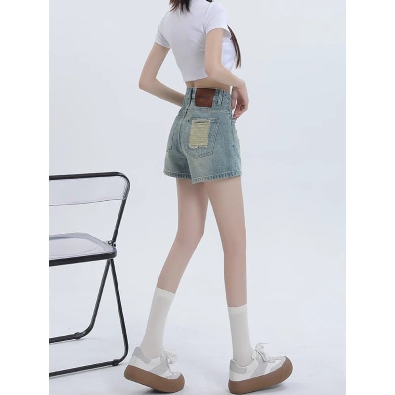 Șorturi din denim rupte în croială A pentru femei, talie înaltă, spălare deschisă, croială lejeră, stil vintage de vară, mărime plus