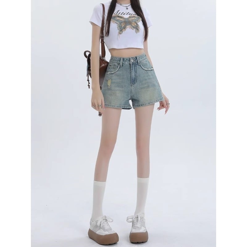 Șorturi din denim rupte în croială A pentru femei, talie înaltă, spălare deschisă, croială lejeră, stil vintage de vară, mărime plus