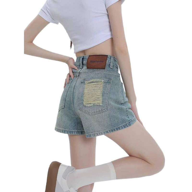 Șorturi din denim rupte în croială A pentru femei, talie înaltă, spălare deschisă, croială lejeră, stil vintage de vară, mărime plus