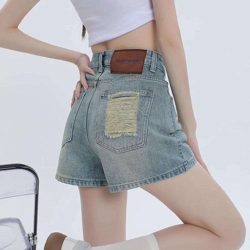 Șorturi din denim rupte în croială A pentru femei, talie înaltă, spălare deschisă, croială lejeră, stil vintage de vară, mărime plus