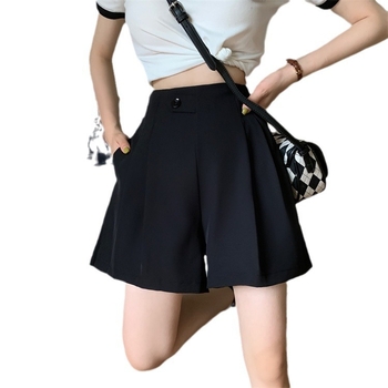 Șorturi negre de vară, talie înaltă, croială lejeră dreaptă, linie A, pantaloni casual
