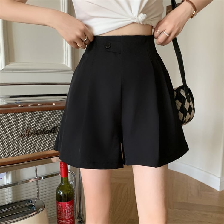 Șorturi negre de vară, talie înaltă, croială lejeră dreaptă, linie A, pantaloni casual
