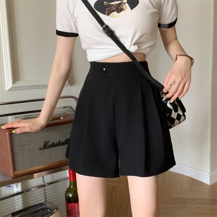 Șorturi negre de vară, talie înaltă, croială lejeră dreaptă, linie A, pantaloni casual