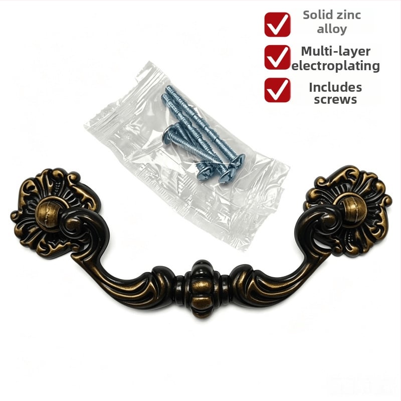 Mâner pentru sertar, cu orificii duble, stil european vintage, finisaj bronz antic, accesorii mobilier pentru dulap