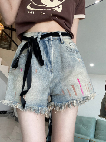 Șort din denim pentru femei, stil american, talie înaltă, șiret, aspect retro cu ridicare a șoldurilor, vara 2025