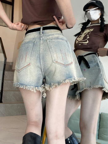 Șort din denim pentru femei, stil american, talie înaltă, șiret, aspect retro cu ridicare a șoldurilor, vara 2025