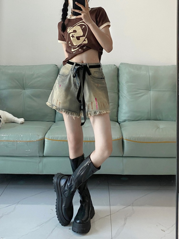 Șort din denim pentru femei, stil american, talie înaltă, șiret, aspect retro cu ridicare a șoldurilor, vara 2025