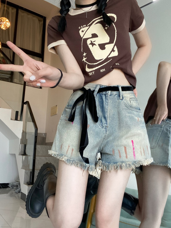 Șort din denim pentru femei, stil american, talie înaltă, șiret, aspect retro cu ridicare a șoldurilor, vara 2025