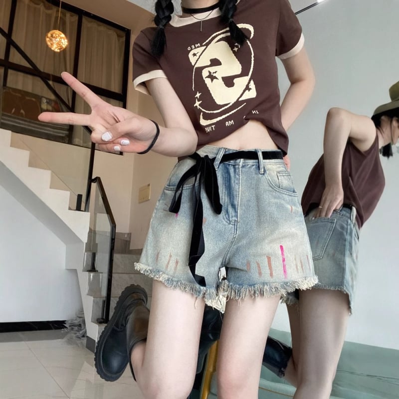 Șort din denim pentru femei, stil american, talie înaltă, șiret, aspect retro cu ridicare a șoldurilor, vara 2025