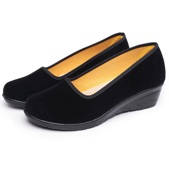 Női velúr felsőrészű cipő, fekete, slip-on, klín sarokkal, PU puha talp, csúszásmentes, hotel- és banki személyzet számára