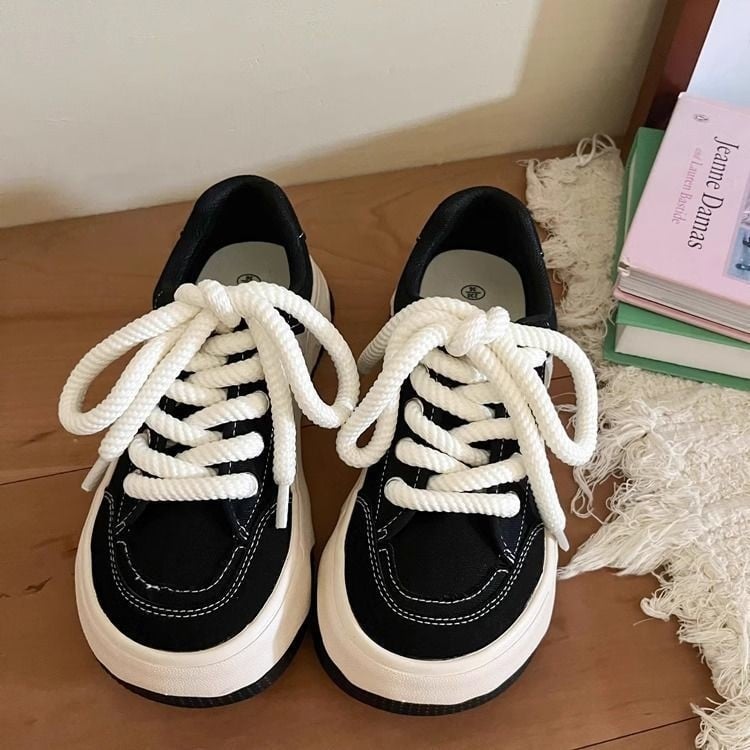 Pantofi sport dama din pânză cu talpă groasă, albi, Primăvara 2026, stil casual zilnic