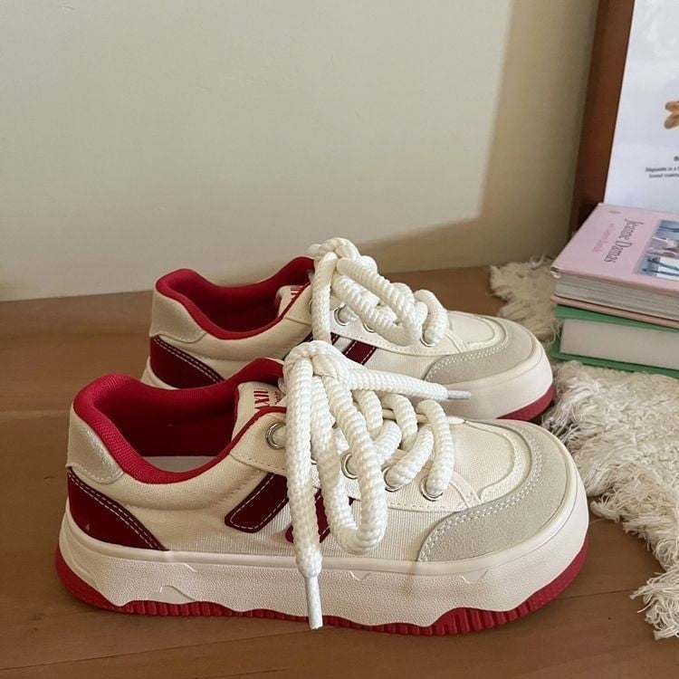 Pantofi sport dama din pânză cu talpă groasă, albi, Primăvara 2026, stil casual zilnic