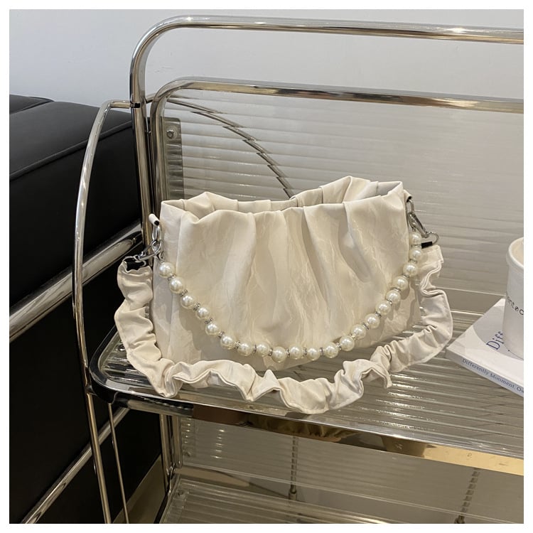 Geantă pentru femei cu lanț de perle și pliuri, design nou, geantă de umăr într-o culoare solidă, cu dantelă